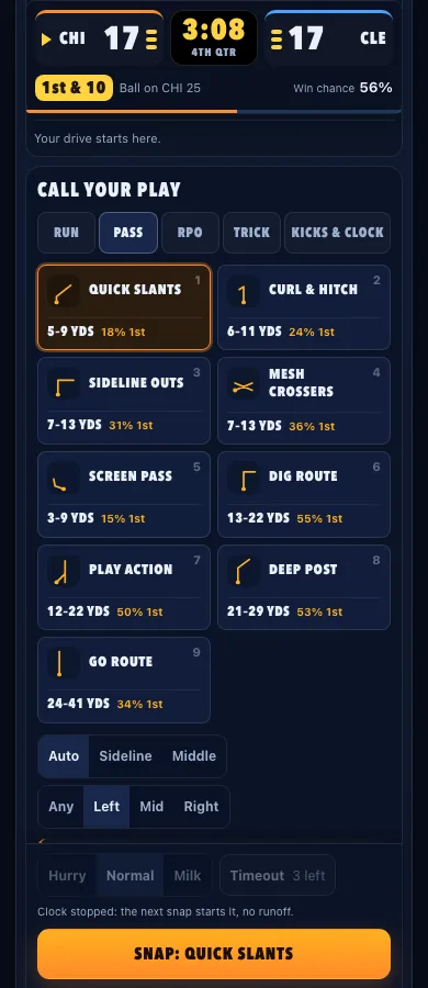 Mobile play cards with the score at the top and snap button at the bottom
